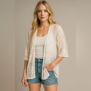 Dex Ivory Embroidered Sheer Short Kimono, oversized size small